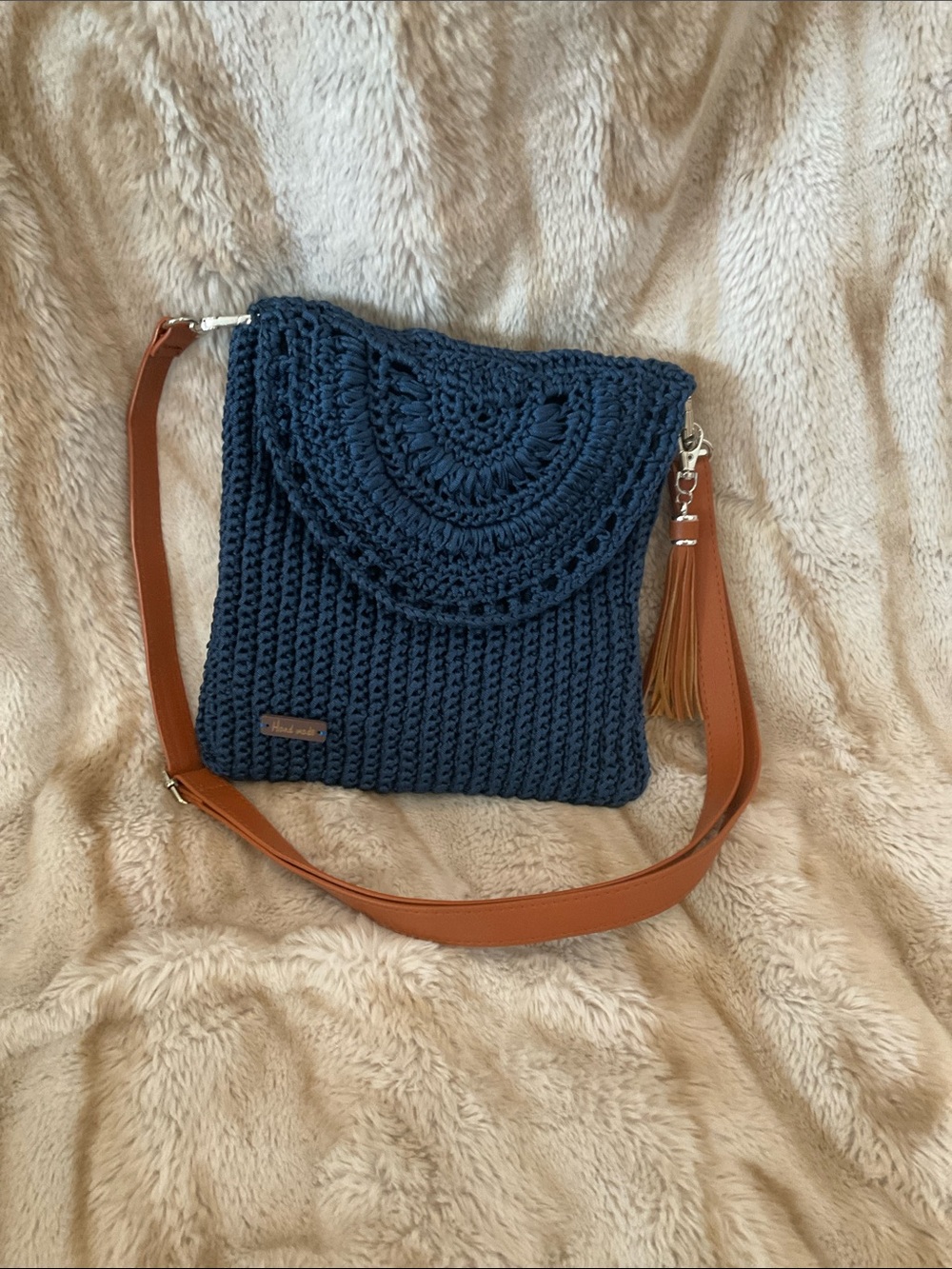 Navy Hand Crochet Crossbody Bag with Tan Strap.  Handmade By Me!